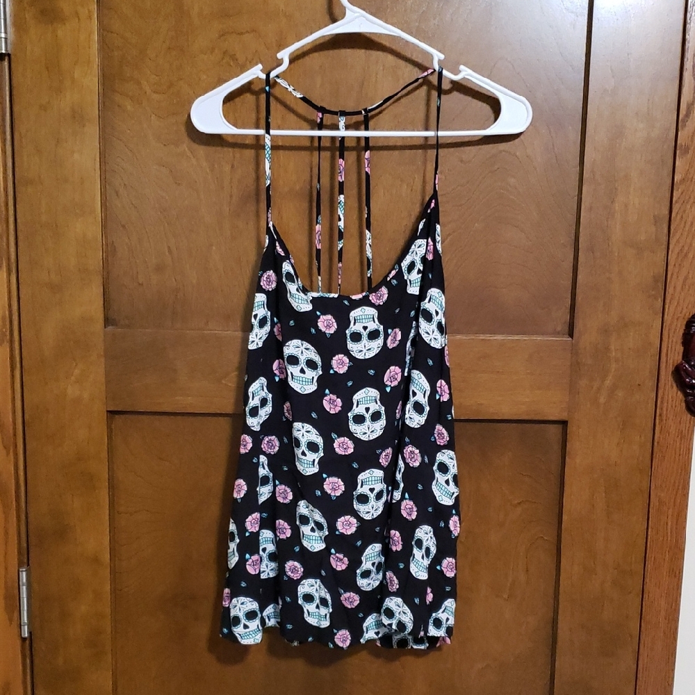 Skull and rose tank top with spagetti straps and racer back-never worn.Bin#7